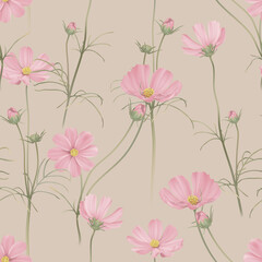 floral seamless pattern, pink cosmos flowers with leaves on bright brown