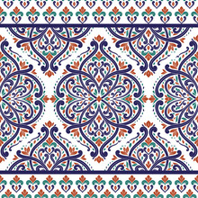 Blue, Orange And Green Floral Seamless Pattern With Ornamental Stripes. Traditional Oriental Motifs. Vector Ornament Template. Decorative Paisley Elements. Great For Fabric And Textile.