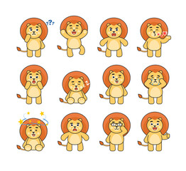 Wall Mural - Set of cute lion character showing various emotions, poses. Cartoon lion thinking, crying, sleeping, angry and showing other expressions. Vector illustration