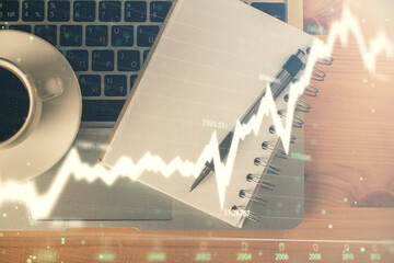 Multi exposure of forex chart drawing and work table top veiw. Concept of financial analysis.