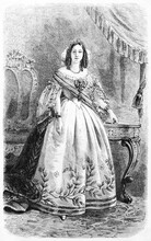 Teresa Cristina Of The Two Sicilies Full Body Portrait, Brazilian Empress Consort Of Pedro II, Indoor Elegant Dressed. Ancient Grey Tone Etching Style Art By Riou, Le Tour Du Monde, 1861