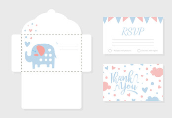 Wall Mural - Baby Shower Invitation Card with Lovely Elephant Animal, Envelope, Thank You and Rsvp Cards in Pastel Colors Vector Illustration