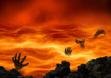Conceptual Hell With Wicked Souls Tormented In A Burning Lake Of Fire. Religious Theme Concept.