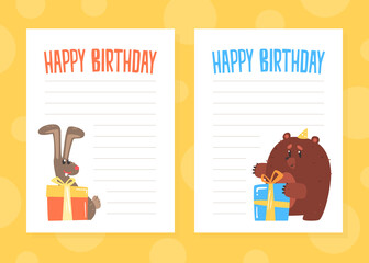 Wall Mural - Lined Paper with Cute Wild Animals Set, Notebook Sheet, Happy Birthday Invitation Card Cartoon Vector Illustration