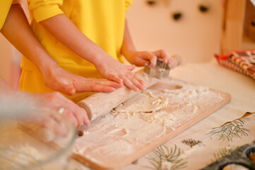 young girl is cooking cake with mother