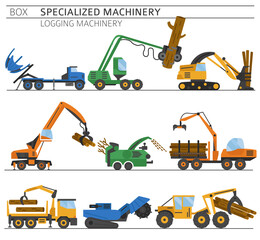 Special industrial logging machine colour vector icon set isolated on white