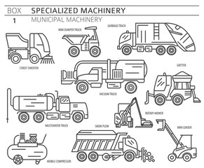 Special industrial road and municipal machine linear vector icon set isolated on white