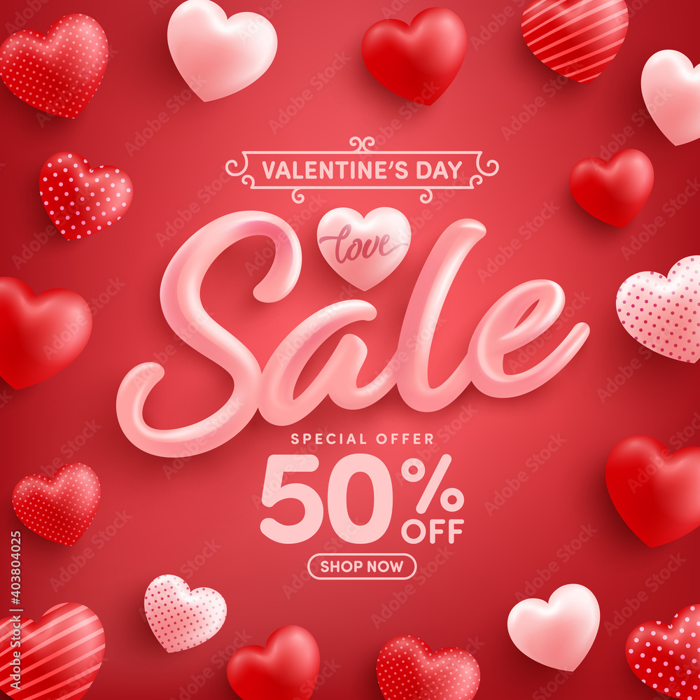 Valentine's Day Sale 50% off Poster or banner with sweet hearts on red background.Promotion and shopping template or background for Love and Valentine's day concept. - obrazy, fototapety, plakaty 