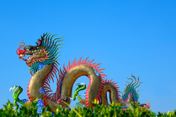 Chinese dragon statue Golden yellow dragon Long, curved body On a blurred green wood background, separate on a blue sky background.