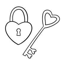 A Key And A Lock In The Shape Of A Heart. Decorative Element For Valentine's Day. A Simple Outline Design Object Is Drawn By Hand And Isolated On A White Background. Black White Vector Illustration