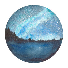 watercolor illustration.starry sky, field and house in the distance.