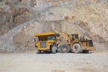 Loader Loading Mining Truck At Open Pit