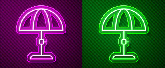 Wall Mural - Glowing neon line Sun protective umbrella for beach icon isolated on purple and green background. Large parasol for outdoor space. Beach umbrella. Vector.