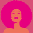 Beautiful woman with afro style curly hair, acid colors. Hologram simulation. Poster music soul, funk or disco style 60s or 70s