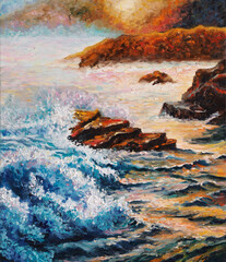 Sea Oil painting on canvas - Seascape - Sea Counter Light - Impressionism - Modern Art