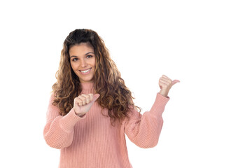 Poster - Beautiful middle aged woman with pink woolen sweater