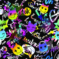 Funny cartoon emotions faces seamless pattern. Happy smiler monsters repeat print. Grunge brush trace track and stars endless ornament. Lettering background.