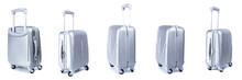 Travel Suitcase Isolated. Set Of Silver Plastic Luggage Or Vacation Baggage Bag On White Background. Design Of Summer Vacation Holiday Concept.