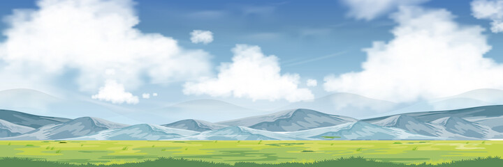 Spring landscape with mountain, blue sky and clouds,Panorama Green fields, fresh and peaceful rural nature in springtime with green grass land. Cartoon vector illustration for spring and summer banner