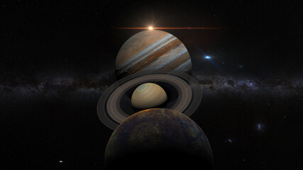 Wall Mural - planetary alignment,mercury meets saturn and jupiter in the evening sky, rare conjunction between me