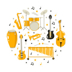 Concept with music instruments in round composition isolated on white.