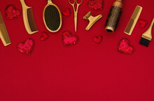 Valentines Day Template With Hairdressing Tools And Hearts. Gold Hair Salon Accessories On A Red Background With Space For Text.