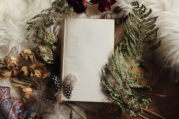 Wall Mural - Top view closeup of a book placed on a fluffy white pillow with tree branch decorations