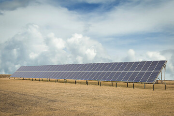 Wall Mural - long row of blue solar panels sitting in a field.