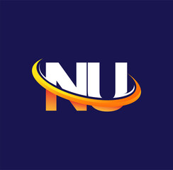 nu initial logo company name colored white and orange swoosh design, isolated on dark background. ve