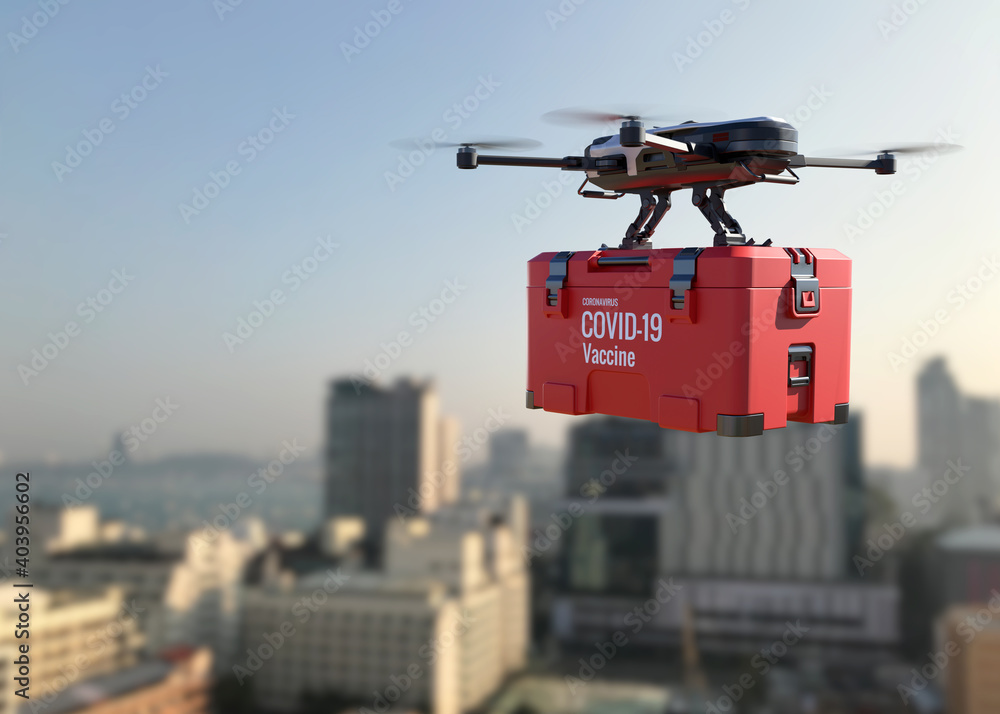 Drones deliver the COVID-19 vaccine into the city. - obrazy, fototapety, plakaty 