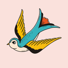 Beautiful retro bird tattoo illustration with pastel background