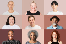 Diverse Happy People Closeup Portrait On Brown Background Collection
