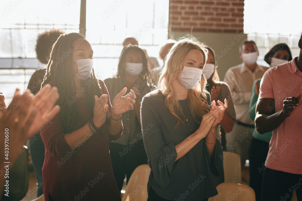 Business party in new normal with crowded people wearing masks - obrazy, fototapety, plakaty 