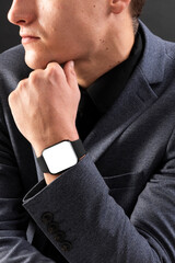 Wall Mural - Businessman wearing smartwatch technology gadget