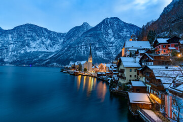 Wall Mural - Panoramic view of the ancient city oh Hallstatt with lake Hallstaetter See, upper austria