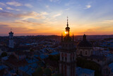 Fototapeta  -  Aerial view on Dominican Church and Dormition Church in Lviv, Ukraine from drone