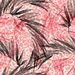 Wall Mural - Transparent tropical seamless pattern. Abstract tropical floral creative background with palm leaves, animal skin print. Watercolor art for trendy surface design, fabric, gift wrapping, wallpaper