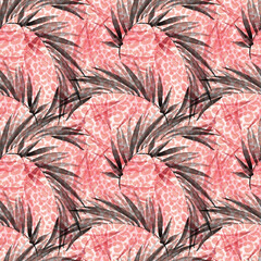 Wall Mural - Transparent tropical seamless pattern. Abstract tropical floral creative background with palm leaves, animal skin print. Watercolor art for trendy surface design, fabric, gift wrapping, wallpaper