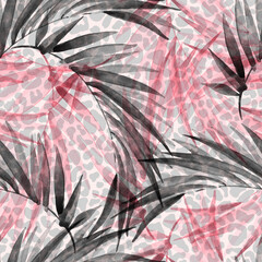 Wall Mural - Transparent tropical seamless pattern. Abstract tropical floral creative background with palm leaves, animal skin print. Watercolor art for trendy surface design, fabric, gift wrapping, wallpaper