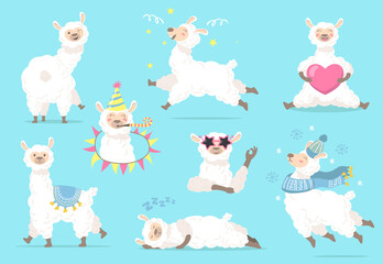Wall Mural - Funny lama in different poses flat item set