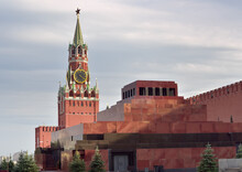 Spasskaya Tower Of The Moscow Kremlin And Lenin's Mausoleum On Red Square. Medieval Russian Brick Architecture Of The XVI Century