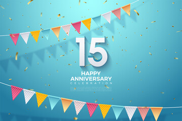 Wall Mural - 15th anniversary background with colorful flags and embossed 3d numbers.
