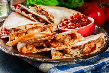 Wall Mural - Mexican Quesadilla with chicken, sausage chorizo and red pepper