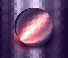 3D Sphere Textured With Mosaic Cube Pattern Over Metallic Purple Steel Backaground, Shiny Vector Design.
