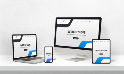Poster - Responsive web page promotion on devices with different display sizes. Web design studio promotion concept