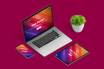 Poster - Web design studio promotion with responsive promo page on different devices in isometric position