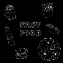 Сhalk drawing of food on a slate black board. Sketch, doodle. Burger, pizza, beer, drink in a bottle, fries, hot dog. Can be used as a menu, in web design, printing, advertising