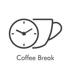 Poster - Logotipo Coffee Break. Icono taza de café con reloj simple con lineas en color gris