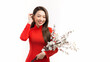 Young Asian woman in traditional vietnamese red dress with peach blossom flowers Lunar new year's