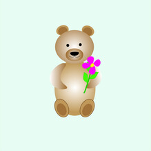 Bear In Kawaii Style With Flower, Isolated On A Delicate Blue Background, Concept Of Valentine Day